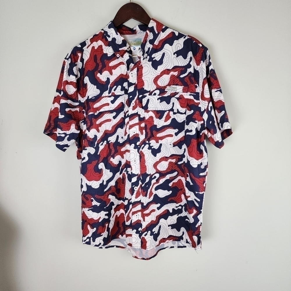 Ocean Coast Short Sleeve Button Down UV Protective Fishing Shirt Size Medium